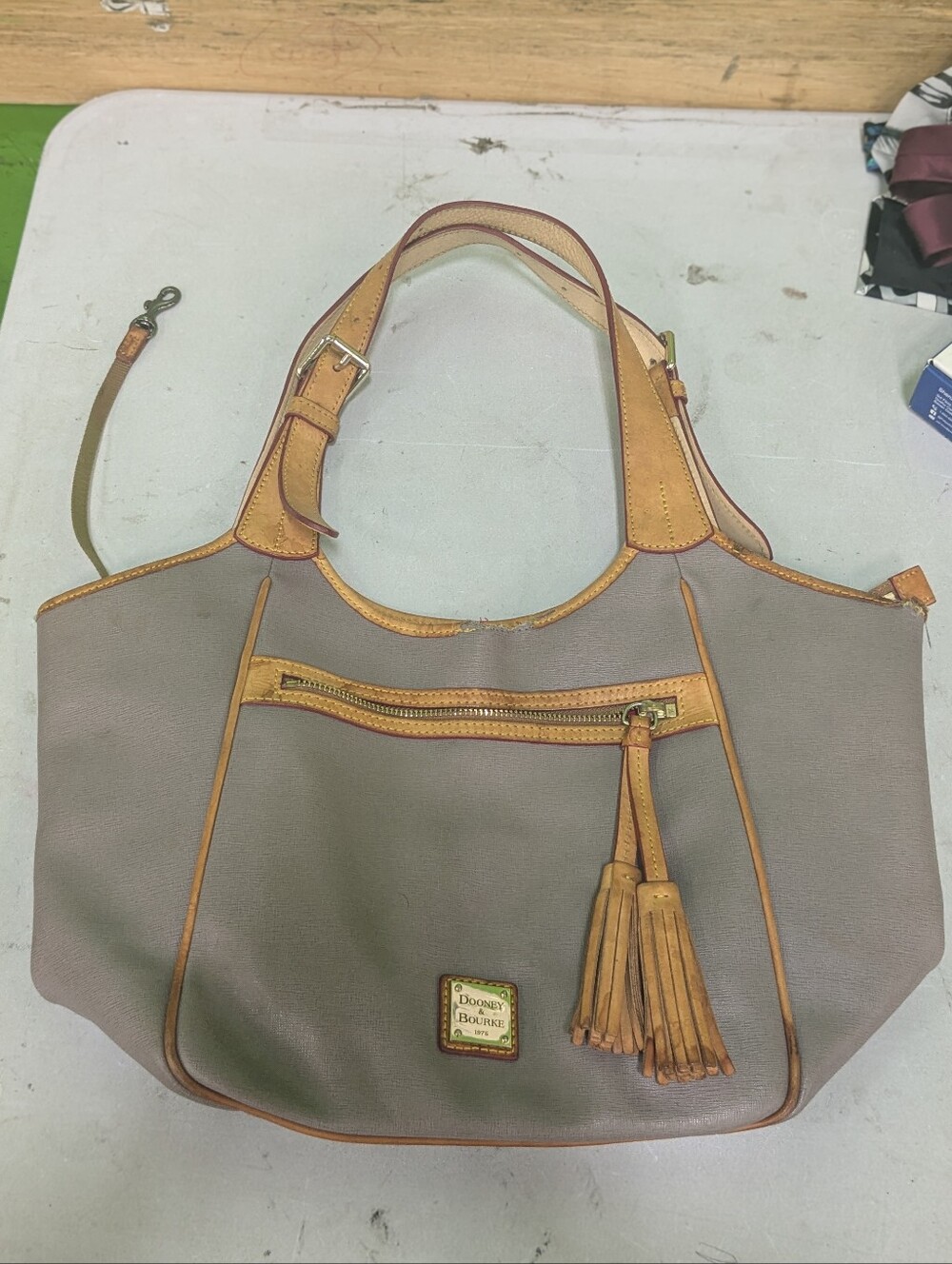 Dooney & Bourke "PROJECT" Taupe and Tan Leather-Trim Tote
